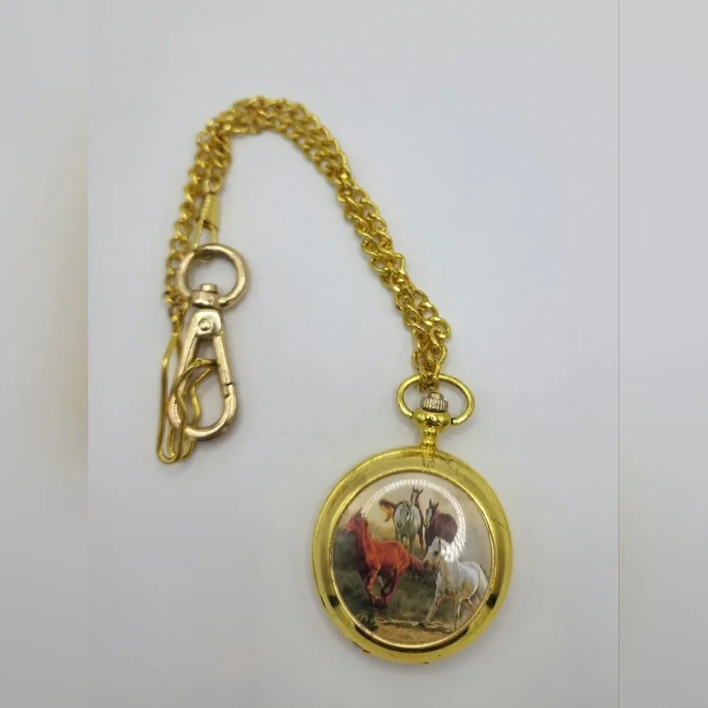 Vintage Gold horses pocket watch with chain